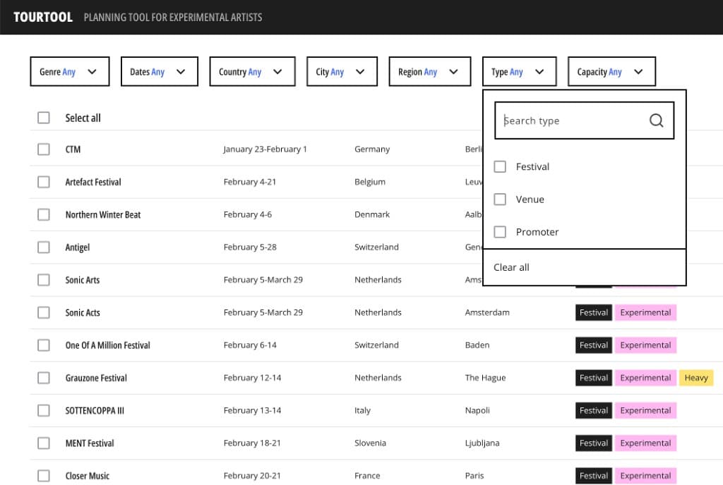 Filter dropdown open over the venue and festival database