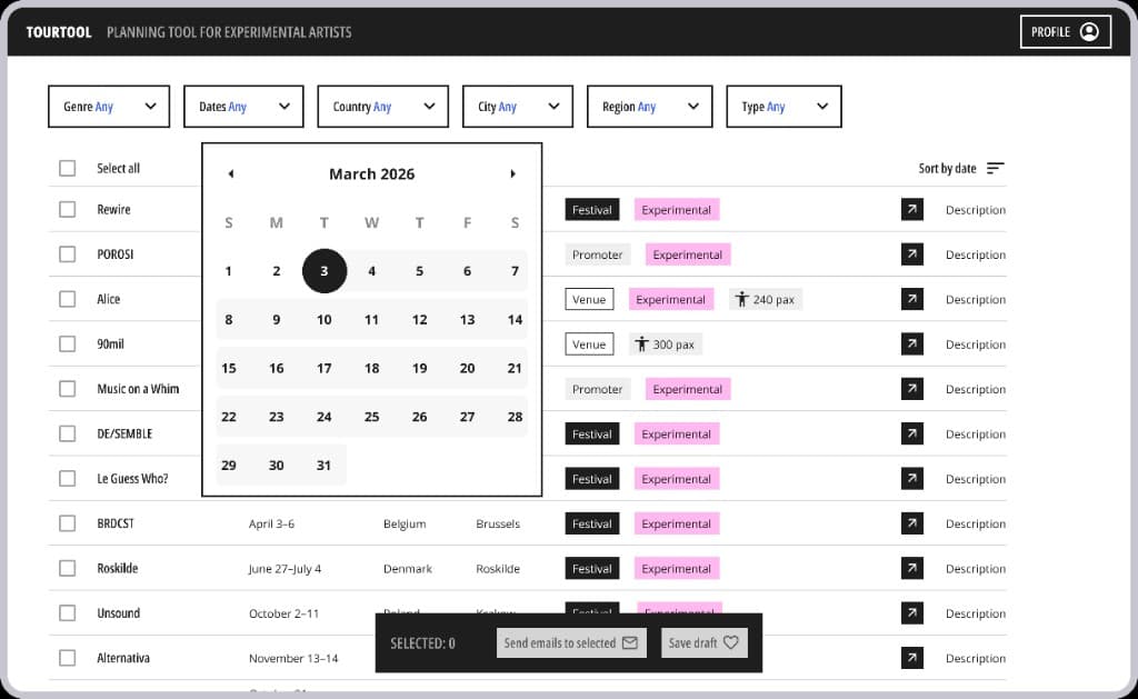 Personal workspace with uploaded venue and festival contacts and a March 2026 calendar overlay