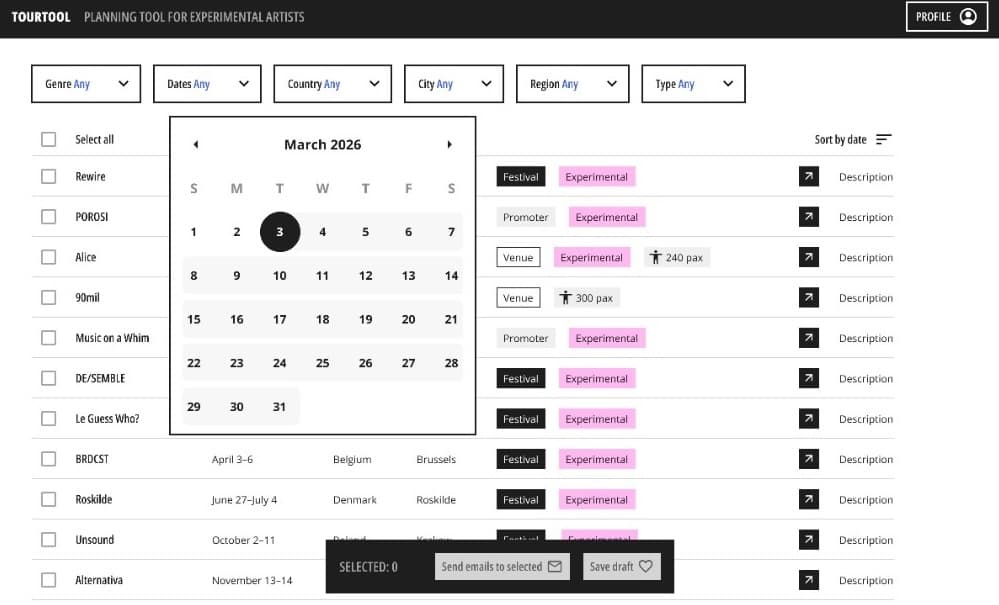 Saxa planning tool preview showing artist roster, calendar, and venue selection
